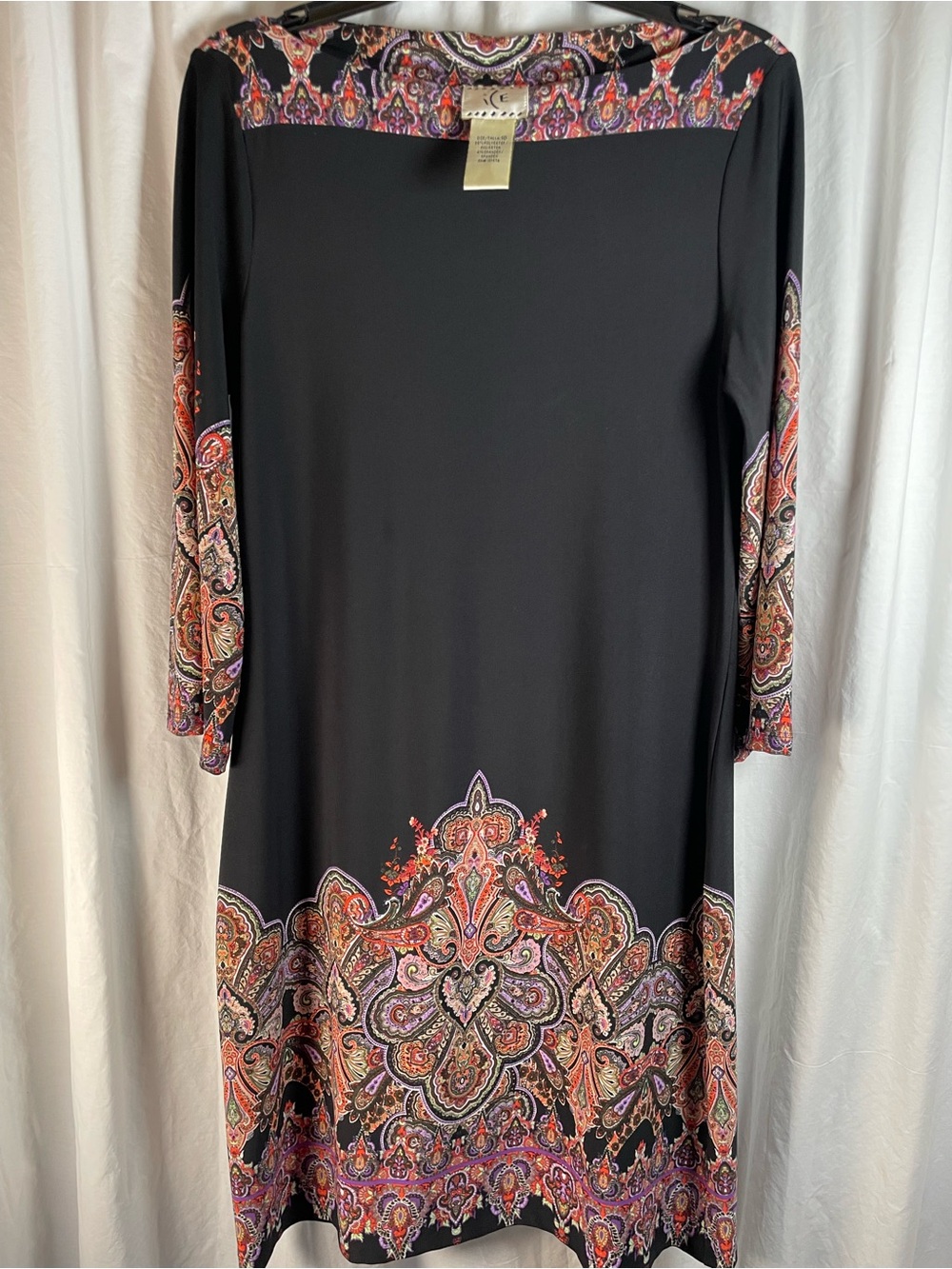 Ice Black Paisley-Trim Midi Dress with Multicolor Accents Fall Perfection